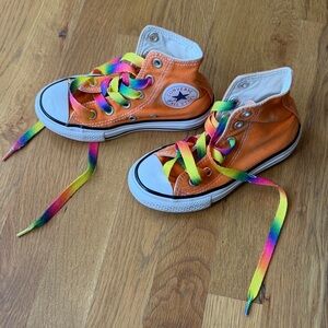 Converse Orange High-Top Sneakers with Rainbow Laces